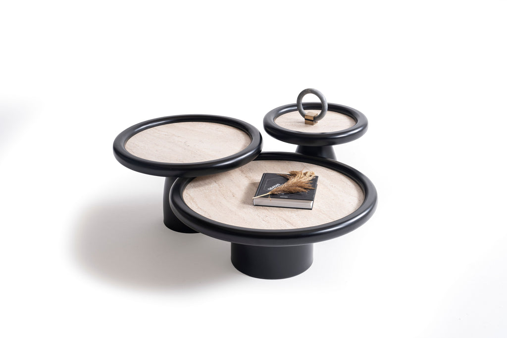 950 Black Travertine 3 Pc Coffee Table Set