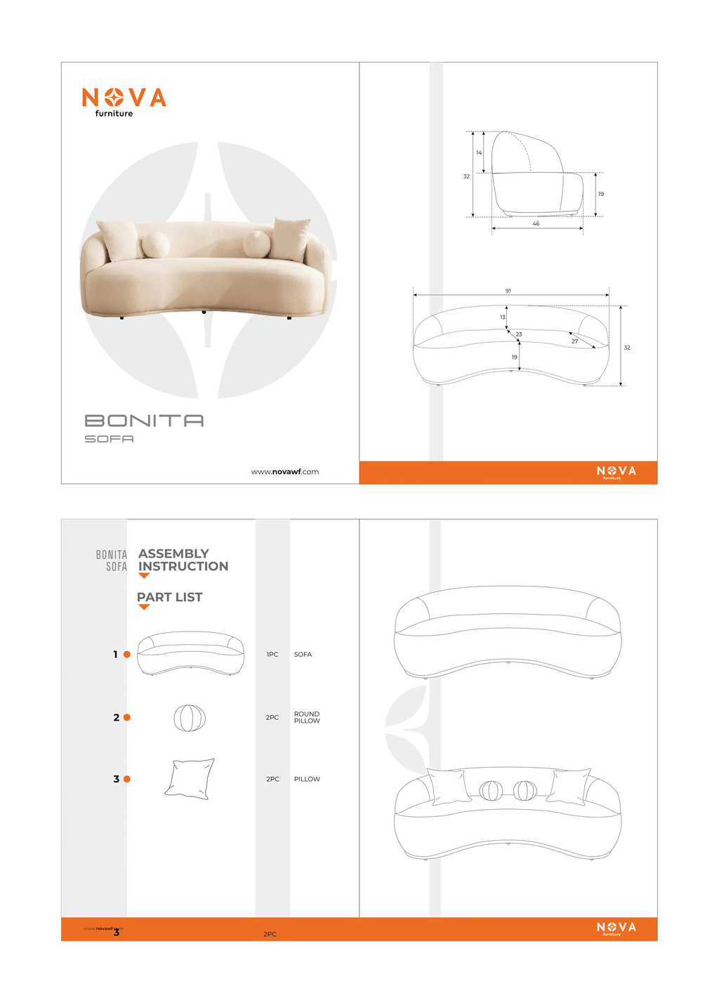 Bonita Ivory Velvet Sofa 91" & Loveseat 81"
