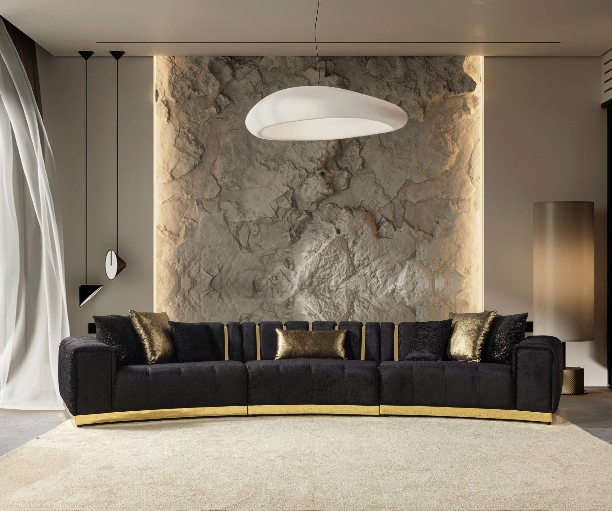 Michelle Black Velvet 3-Piece Curved 165" Sectional