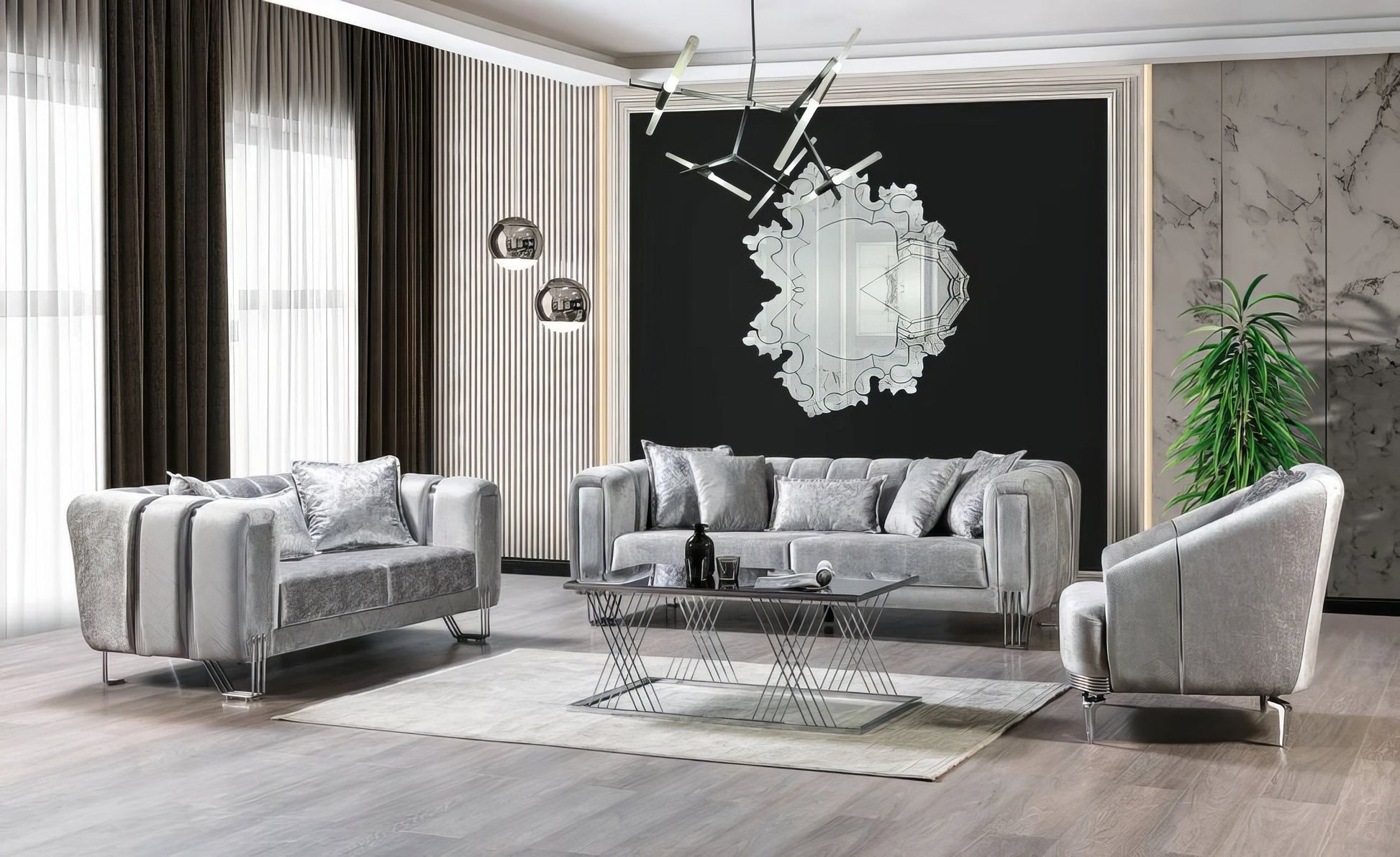 Santana Velvet Sofa & Loveseat and chair Set